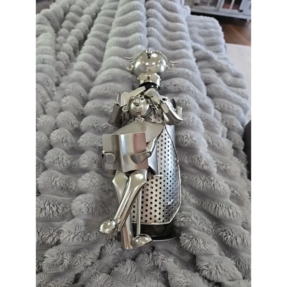Metal Wine Bottle Holder Whimsical Figure Reading to Child Industrial Art Silver